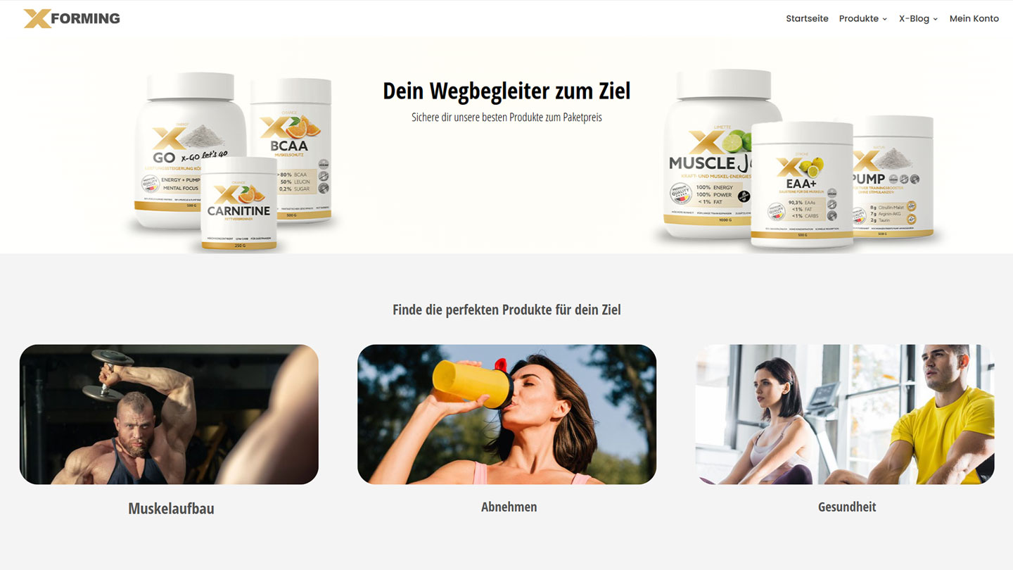 Startseite des Supplement-Online-Shops x-forming.de – entwickelt mit Fokus auf Performance und Design