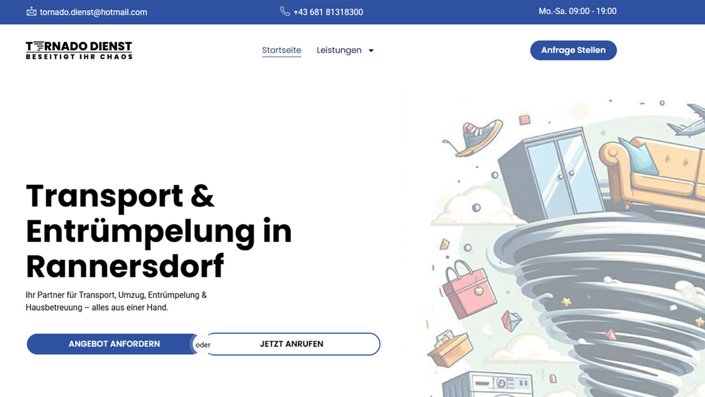 Webdesign für Tornado Dienst Schwechat – moderne Webseite für Transport, Entrümpelung und Hausmeisterservice