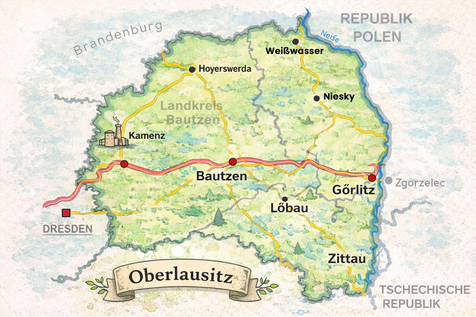 Illustration der Oberlausitz mit markierten Städten – Webdesign Oberlausitz für lokale Unternehmen